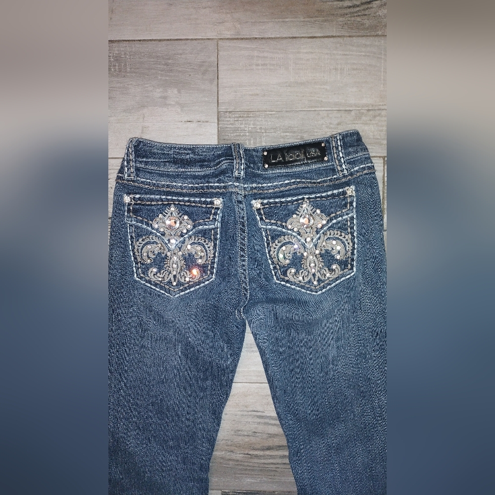 L.A. idol Women's Dark Blue Boot Cut Jeans with Embellished Pockets